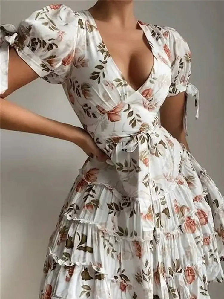 

Женское платье с глубоким V-образным вырезом, пикантное модное платье с оборками, на шнуровке, с коротким рукавом, с цветочным принтом, элега...