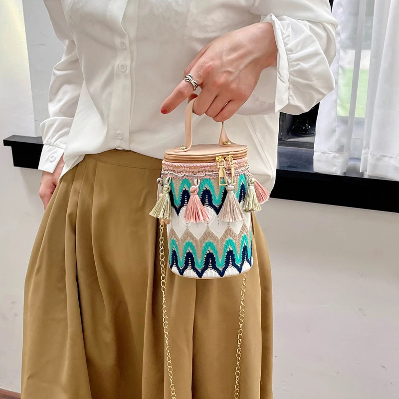 Женская Сумка Через Плечо В Стиле Ретро Круглая Сумка-ведро С Ремешком-цепочкой