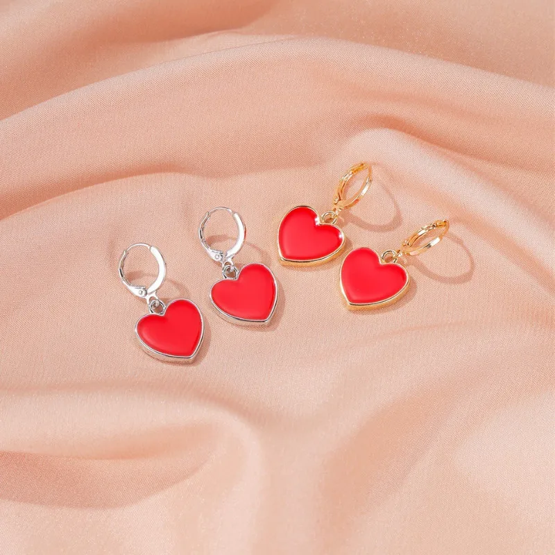

Red Little Love Heart Shape Dangle Earrings Simple Temperament Ear Jewelry
