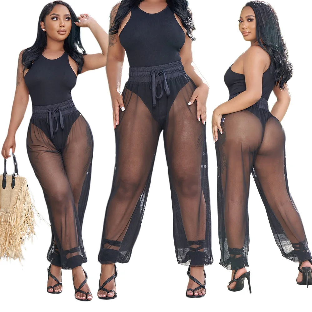 

S390290 Ladies sexy two-piece summer new fashion sleeveless vest mesh drawstring straight pants suit women's nightclub