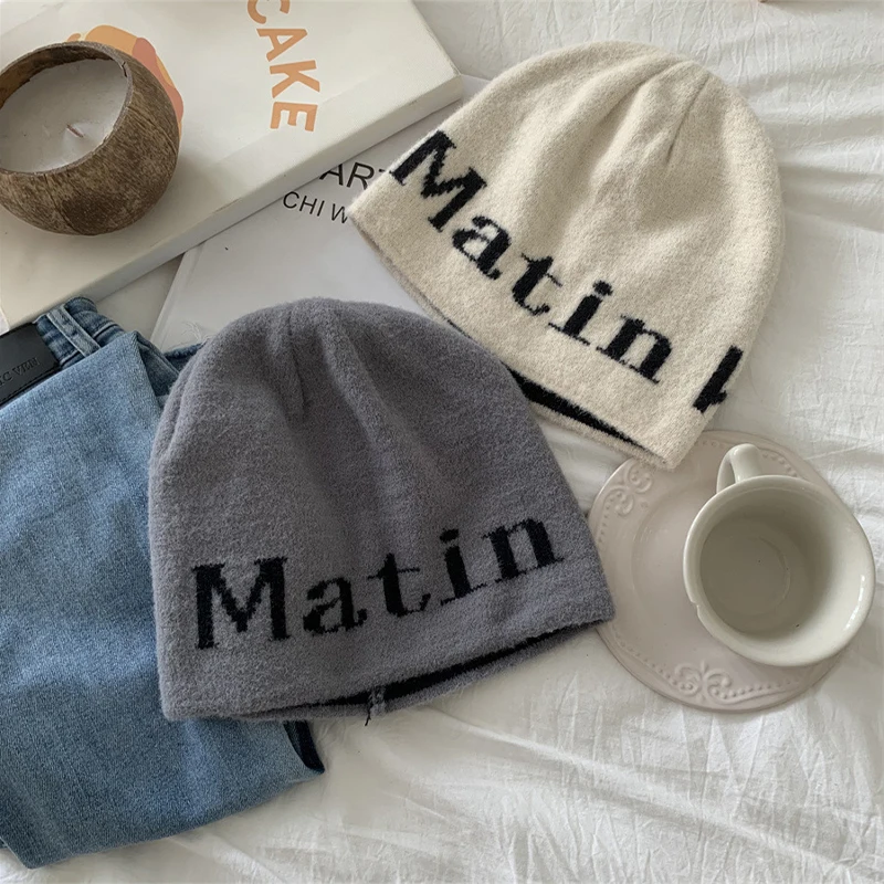 

Korean Fashion Beanie Women Dome Bag Head Letter Vintage Versatile Knit Cap Men Color Matching Autumn Winter Warm Ski Hat Kpop