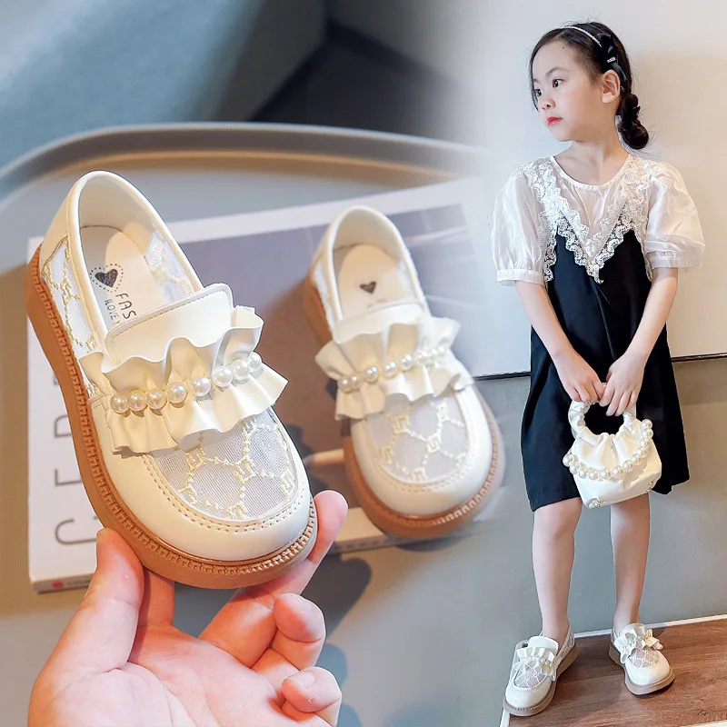 

Princess Summer Mesh Girls' Small New Foreign Leather Soft Shoes Mesh Soled Shoes Beads Breathable Style Fashion Shoes Versatile