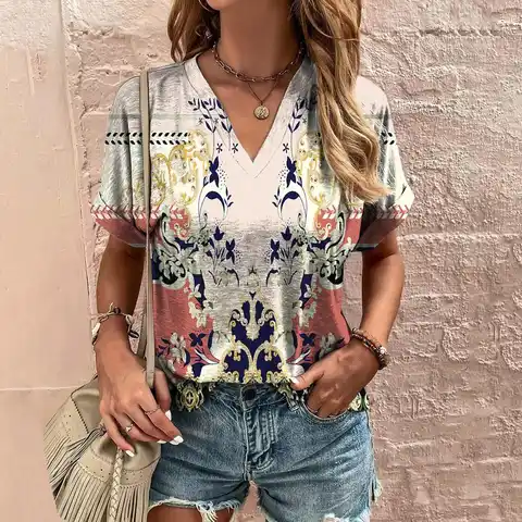 Vintage T Shirt For Women V-Neck Short Sleeve Summer Loose Casual Women Clothing Y2k Pullover Ladies T-Shirt Streetwear Harajuku