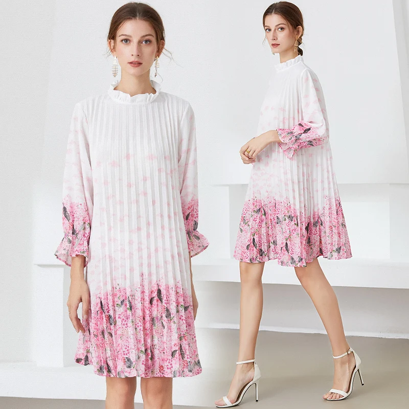 

Spring Summer Floral Print Party Pleated Formal Dresses For Women 2023 Elegant Loose Long Flare Sleeve Stand Collar Midi Dresses