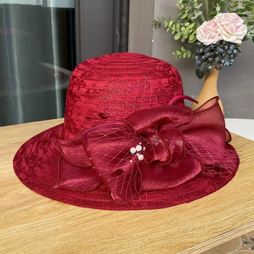

Women Hat Elegant Wide Brim Lace Stitching Beach Fascinator Hat with Faux Pearls Flower Decor Summer Women's Bucket Hat Flower