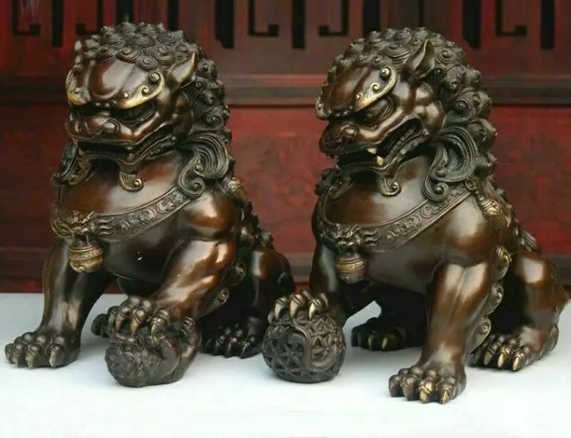 

8" Feng Shui Classical Bronze Lion Statue Evil Guardian Door Fu Foo dog Lions