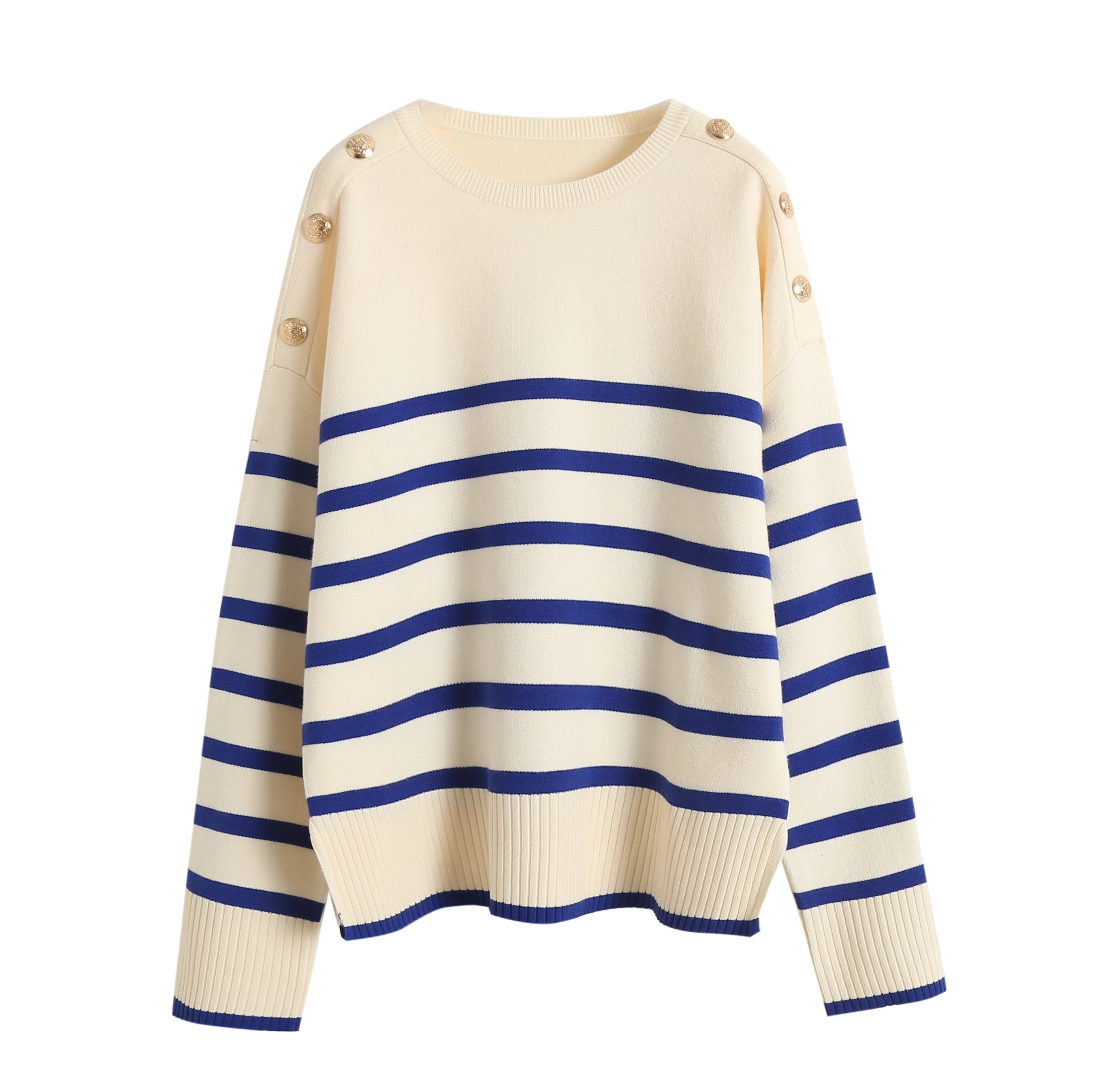 

Blue Striped Sweater Woman 2022 Knit Loose Black Pullover Korean Fashion Casual Long Sleeves Top Basic Classic Stylish Button