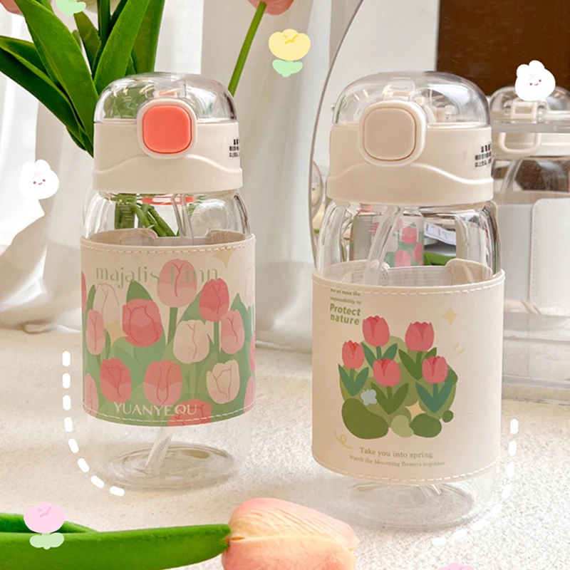 

Kawaii Tulip Glass Water Bottle With Cover Straw Strap For Girls Cute 450/480ml Coffee Juice Milk Cups Portable Drinking Bottle