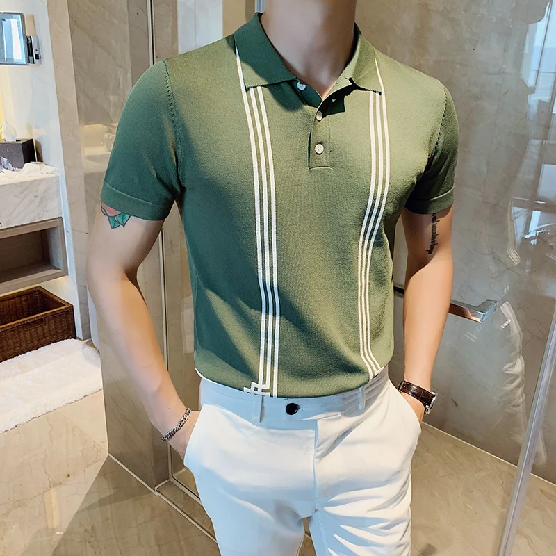 

Мужская рубашка-поло в контрастную полоску, деловая рубашка с короткими рукавами, тонкая блуза из вискозы на пуговицах, для отдыха, лето