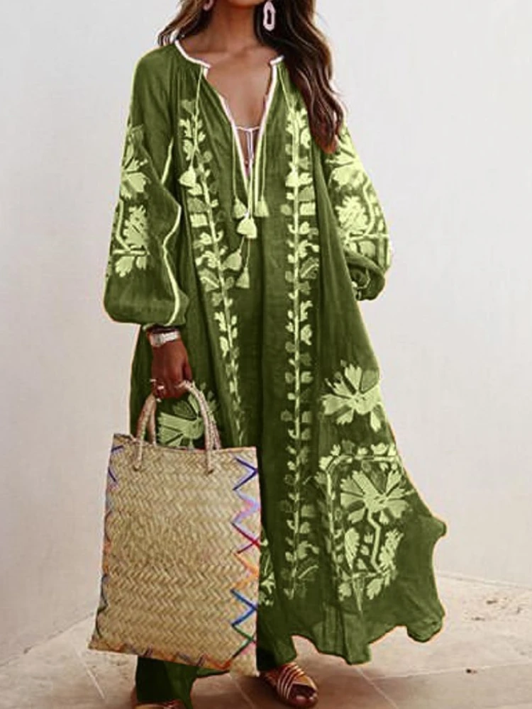 

Женское платье с принтом, V-образным вырезом и длинным рукавом