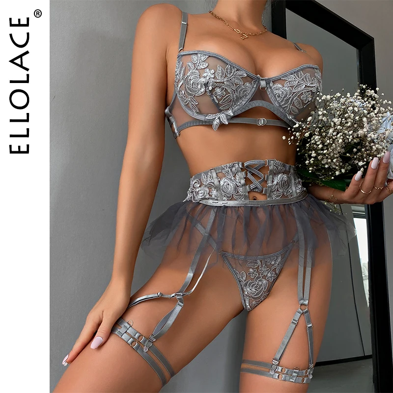 

Ellolace Fancy Lingerie Ruffle Garter Luxury Lace Underwear 5-Piece Delicate Push Up Bra Erotic Sets Fine Thongs Sexy Intimate