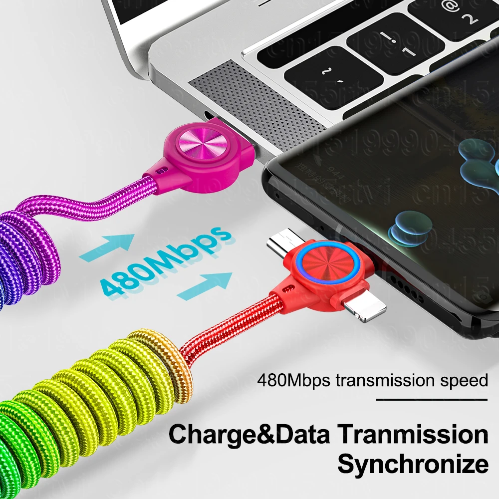 3-в-1 пружинный USB-кабель для iPhone 13 12 Pro выдвижной 3A QC3.0 Micro USB Type C зарядный кабель Xiaomi