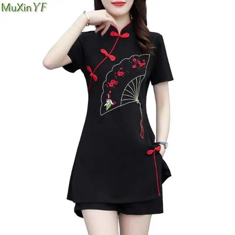 

Chinese Style Cheongsam Summer Thin Mini Embroidery Dress Short Pants Two Piece Set Vintage Graceful Slim Tops Trousers Outfits