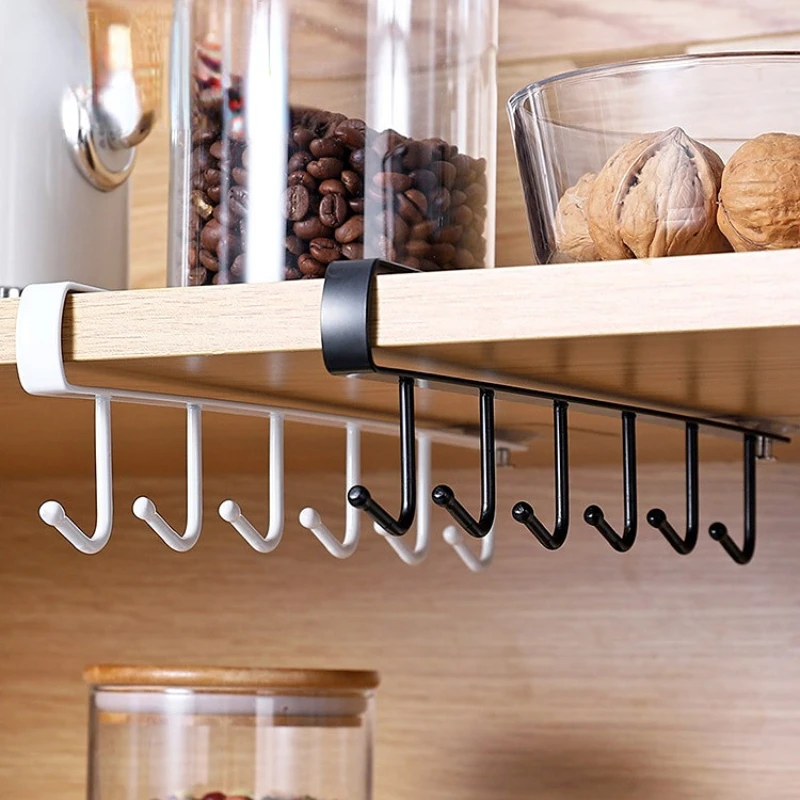 

Cup Kitchen Accessories Organizer Hanging Home Bathroom Storage Rack Shelf Utensils Wardrobe Hooks Under Shelves 6 Holder Metal