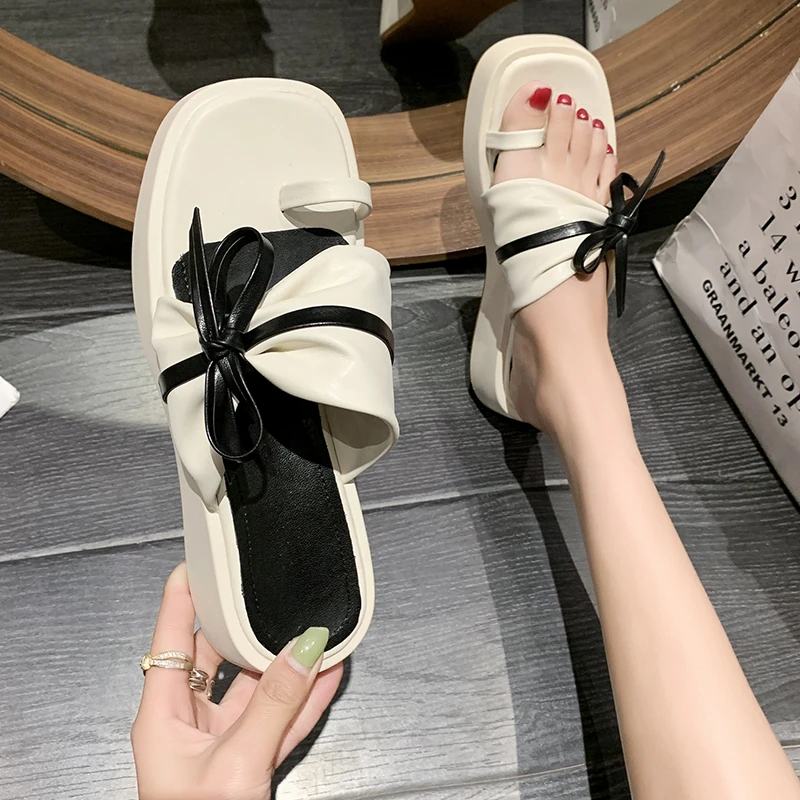 

Flat Shoes Female Slippers Soft Rubber Flip Flops Slides Slipers Women Med Butterfly-Knot Platform Comfort Hawaiian 2022 PU Butt