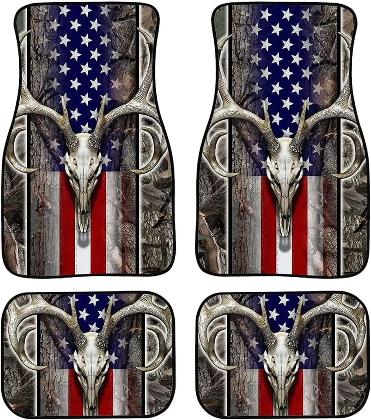 

LedBack American Flag Wood Deer Skull Camo Universal Fit Front Rear Auto Floor Mats 4pcs Full Set Rubber Backing Car Carpet Floo
