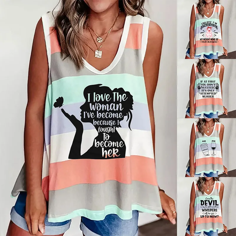 

New Strip Summer Women Loose Casual Sexy Printed T Shirts Vintage Tops Sleeveless