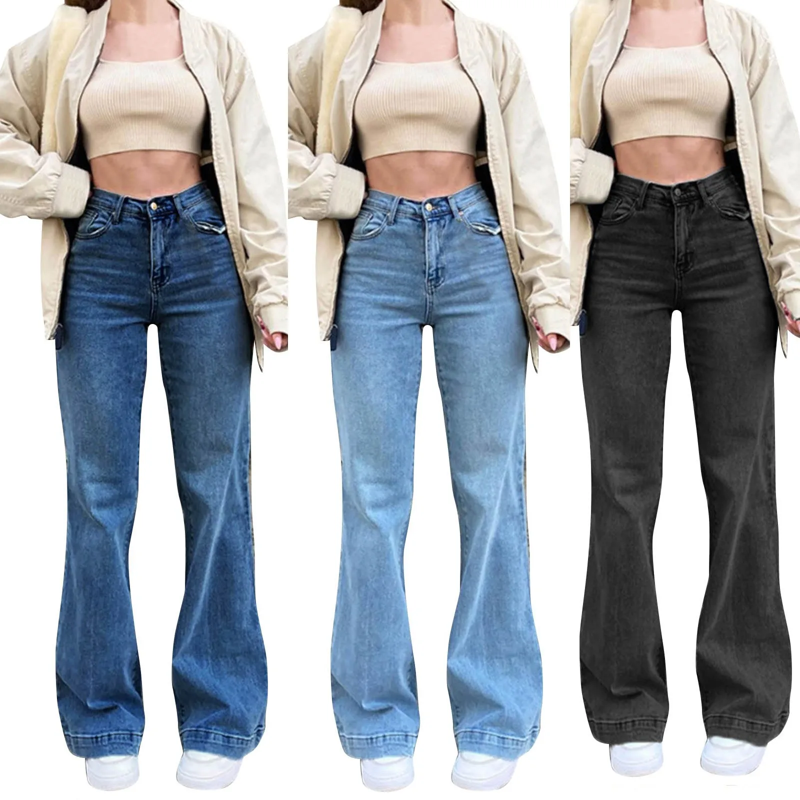 

Flared Pants Women Jeans Loose Wide Leg Denim Pants Causal Button Up Bell Bottom Jeans Slim Fit Full Length Female Trousers Y2k
