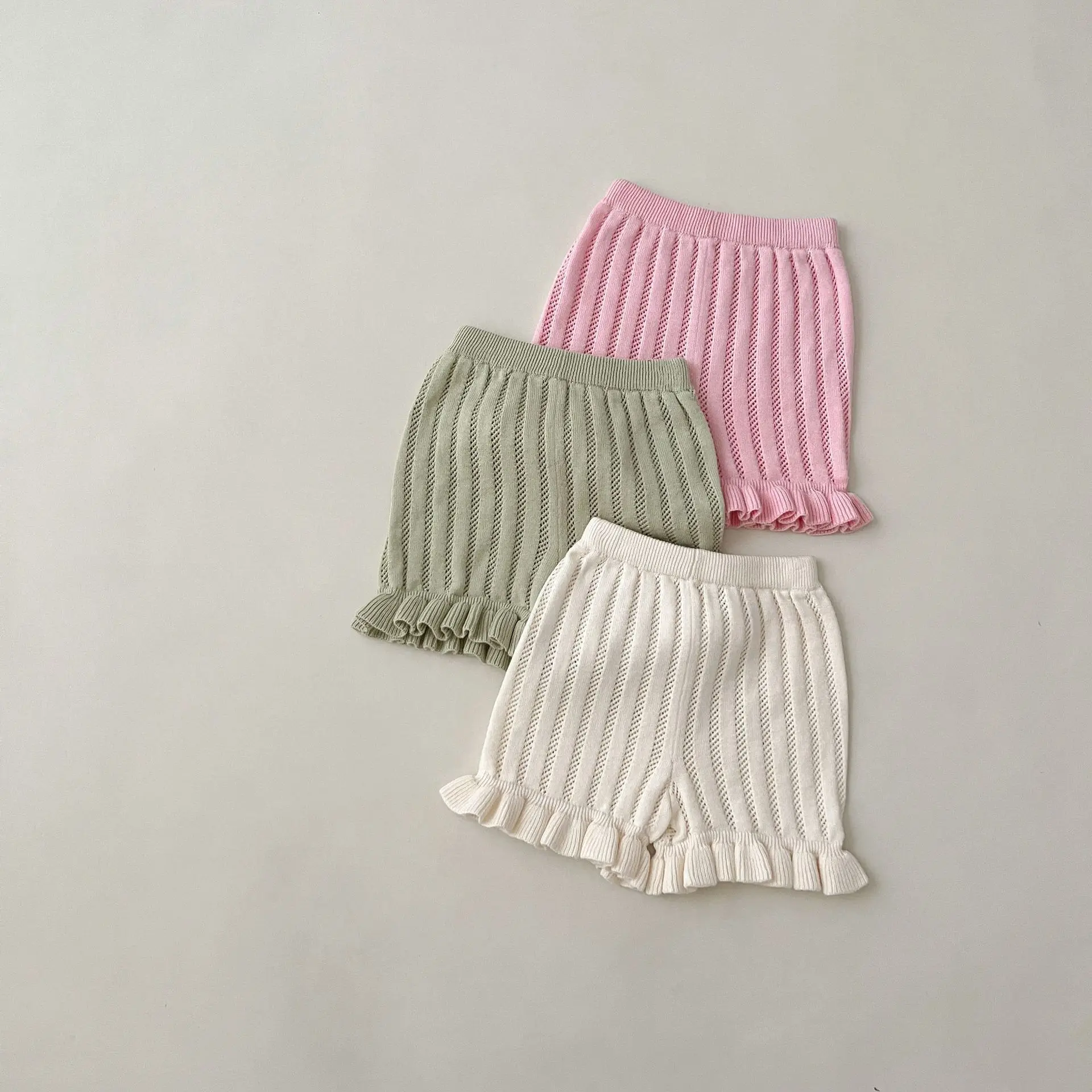 

Children Cute Knitted Ruffle Shorts Girl Baby Thin Hollow Out Ribbed Casual Mid Pants Infant Cotton Kid Fashion Solid Trousers