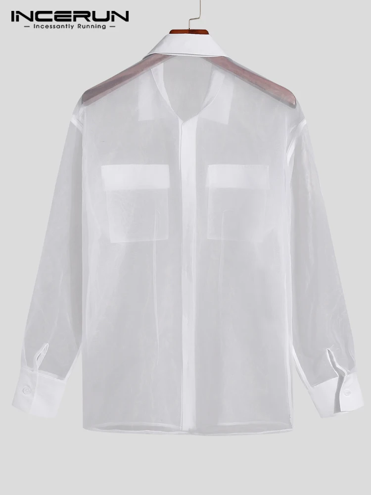 Fashion Casual Style New Men Organza Patch Pocket Blouse Casual Male See-through Long Sleeve Thin Shirts S-5XL INCERUN Tops 2022