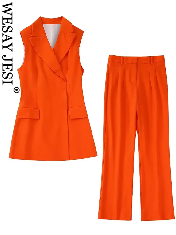 

WESAY JESI оранжевый яркий Женский комплект из двух предметов: прямые широкие брюки без рукавов