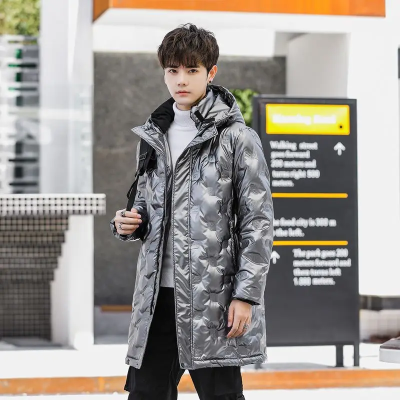 Winter authentic long down jacket bright face men's long winter white eiderdown down jacket Korean version, thickened warm hoode