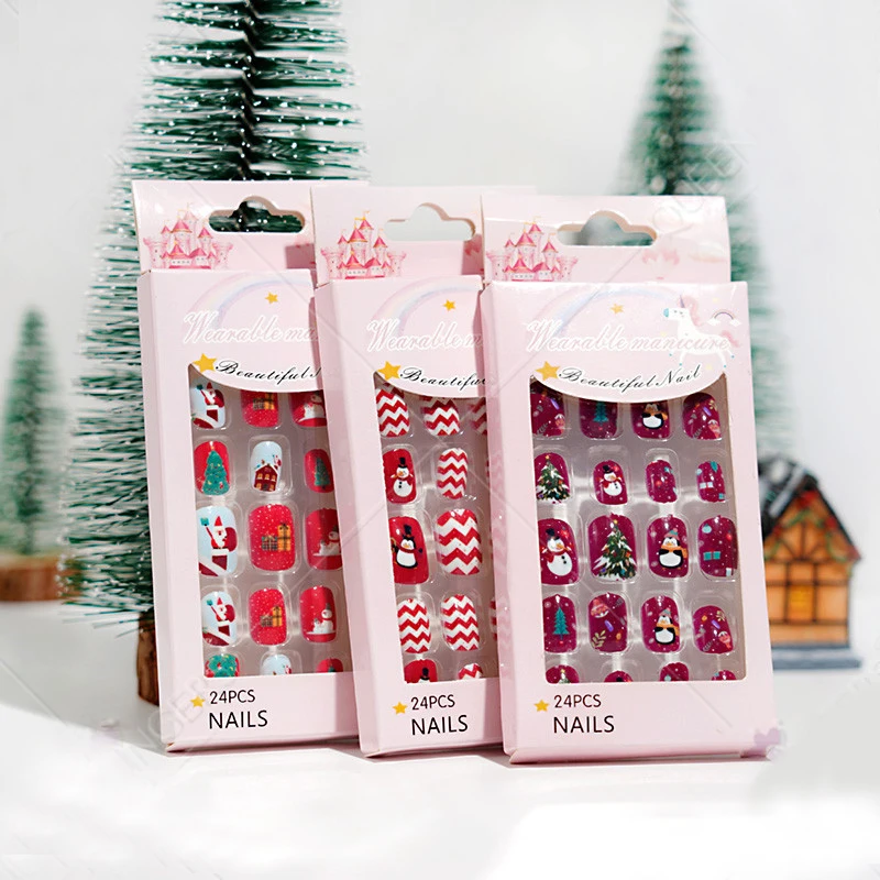

24 шт. милые детские накладные ногти рождественский стиль накладные ногти акриловый декор для Ногтей Полное покрытие нажимные ногти Снегови...