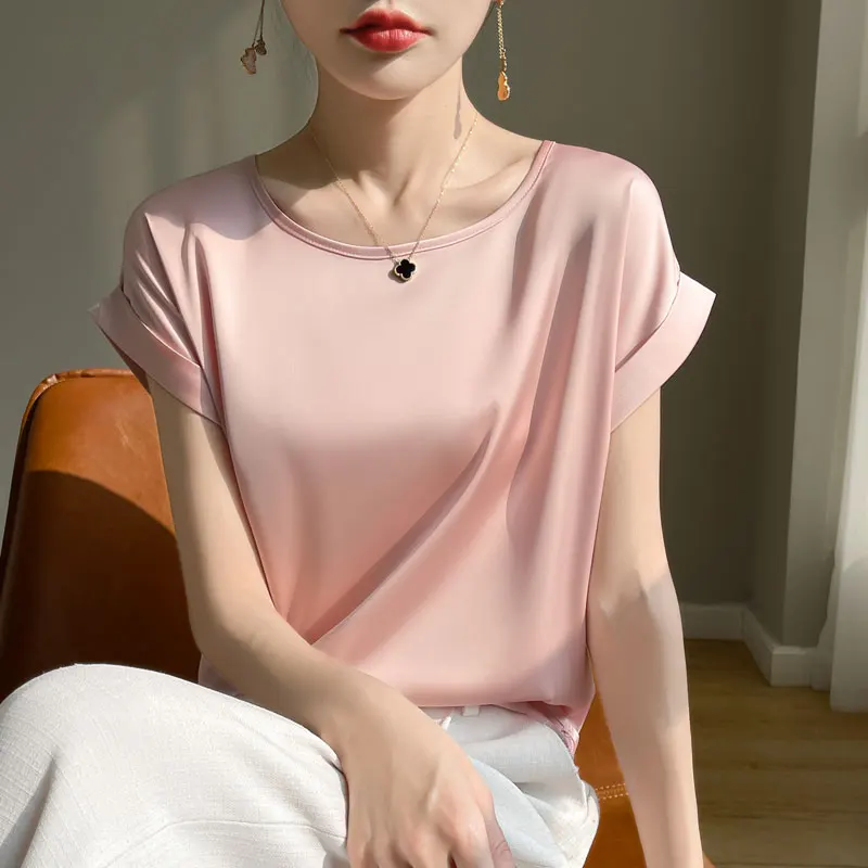 Новая летняя французская атласная скользкая женская футболка с короткими