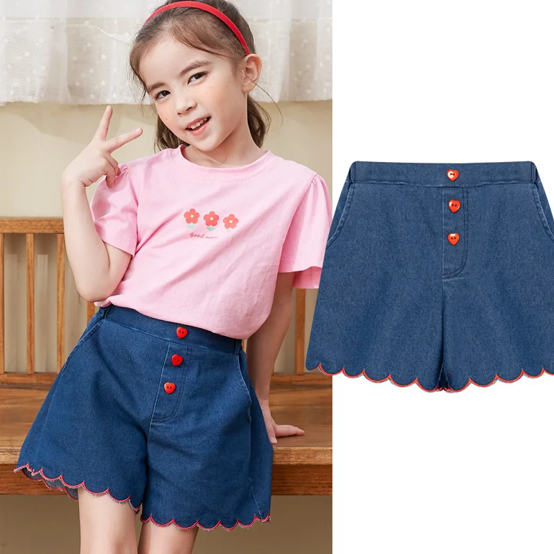 

Summer Girls Denim Shorts Red Love Button Dark Blue Pants Navy Wide Leg Loose Quarter Short Pants Children's Clothing