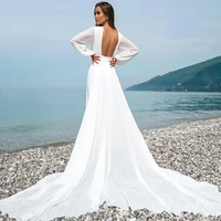 latest simple summer wedding dresses chiffon boho bridal gowns long sleeves bridal dress beach back out round neckline on sale