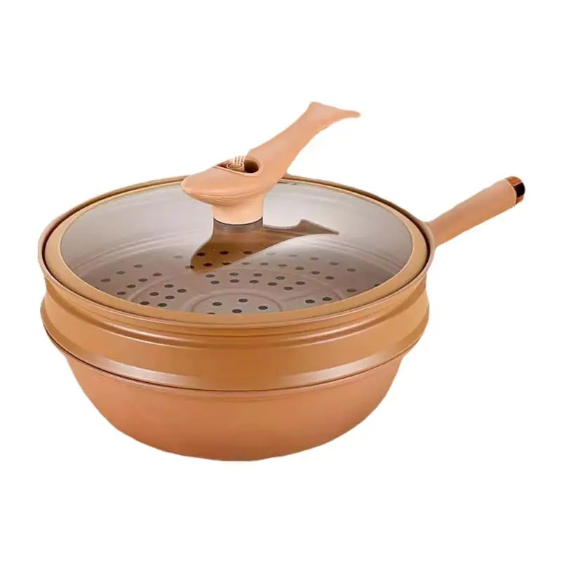 

Ceramic Wok with Lid Energy-Concentrating Pot Bottom Steaming And Cooking All In 1 Frying Wok Flat Bottom Large Saute Pan Set