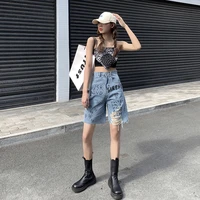 feynzz spring and summer high waist letter printing ripped hole raw straight jeans female fat sister wide leg five point shorts