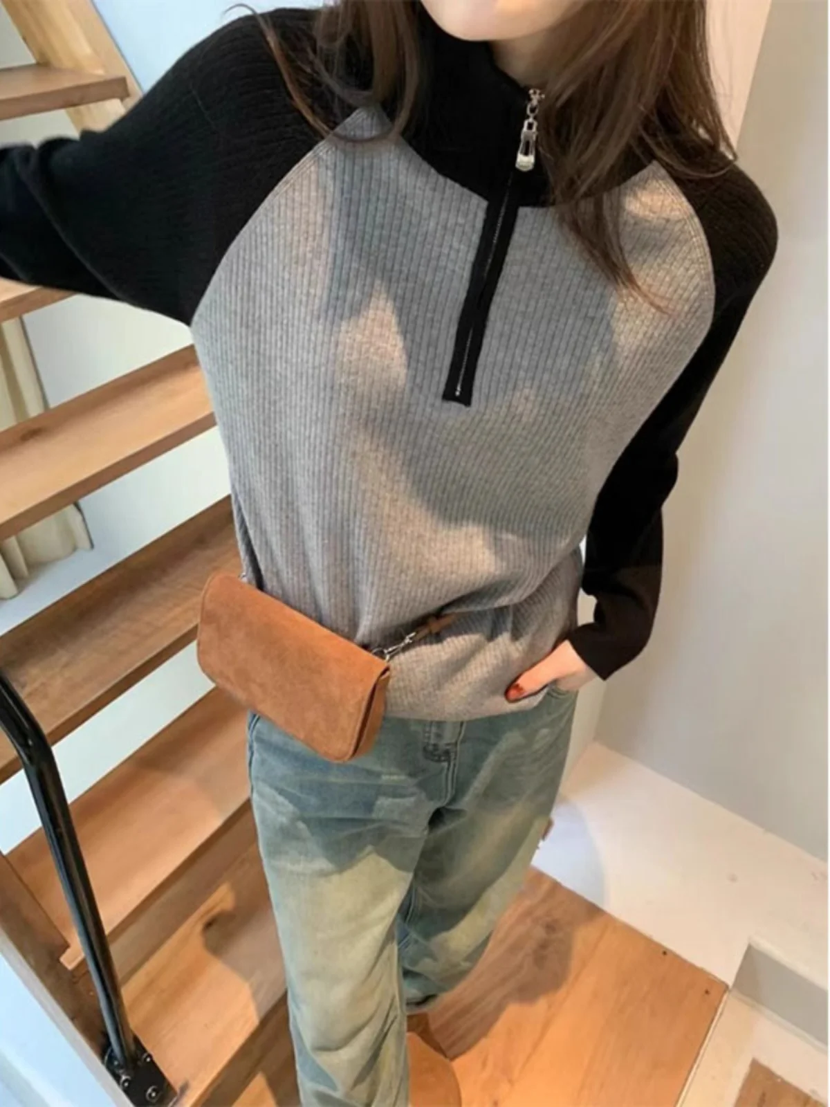 2024 Autumn and Winter Color Matching Turtleneck Half Zipper Knit Sweater Women's Commuter Versatile Slimming Bottoming Shirt...