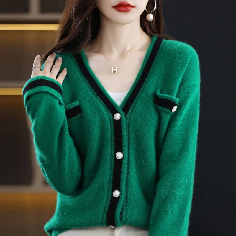 100% Merino Wool Cardigan Women V-Neck Colorblock Top Autumn and Winter New Casual Knit Thickening Jacket Fashion Large Size