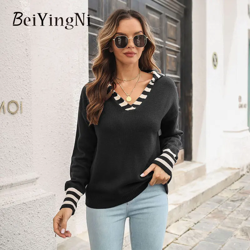 

Beiyingni Striped Turndown Collar Women's Sweater V-neck Long Sleeve Loose Autumn Winter Ladies Jumper Vintage Casual Pullover