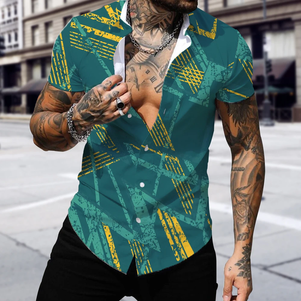 

Мужская летняя рубашка из полиэстера с коротким рукавом, Повседневная Гавайская пляжная Мужская футболка с принтом, футболка с отложным во...