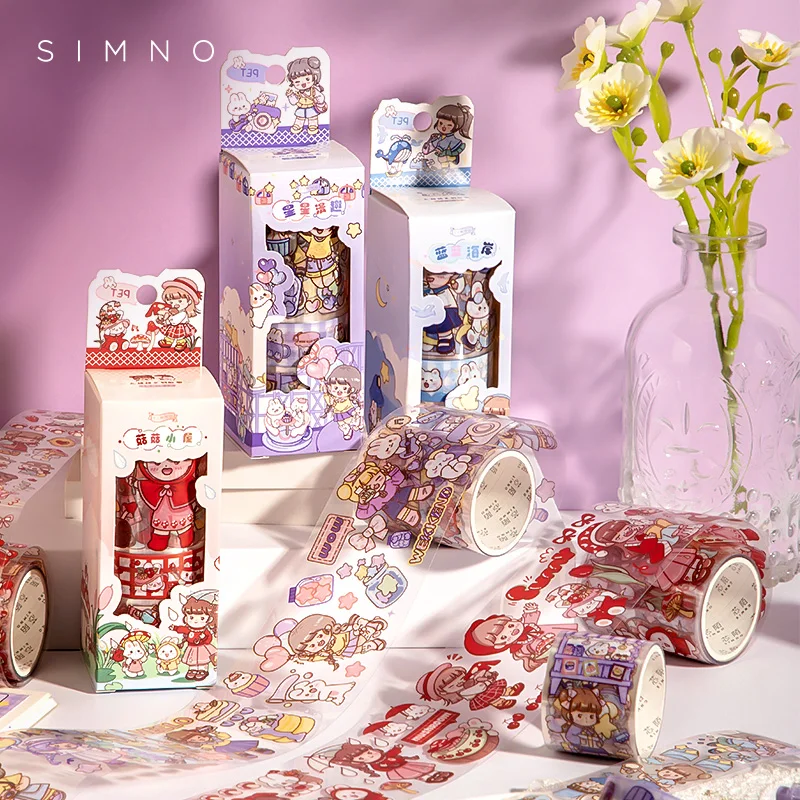 

Simno 3 Rolls/Set Cute PET Tape Kawaii Characters Journal Masking Tape for Decoration Planners Scrapbooking