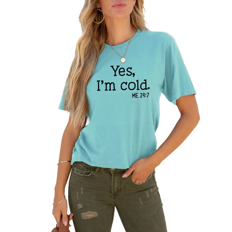 

Футболка женская с круглым вырезом, смешной Повседневный пуловер с надписью Yes Cold Me, топ с коротким рукавом и графическим принтом, лето 24:7