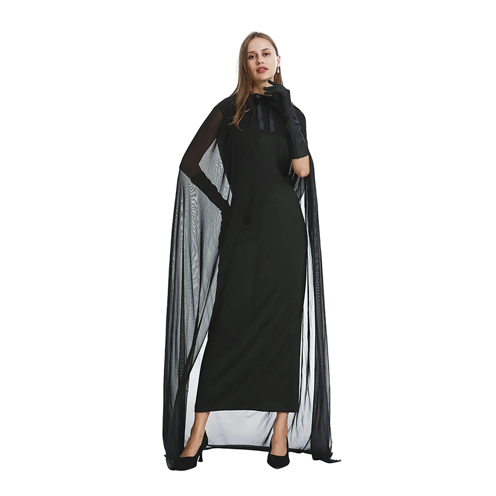 

Ladies Halloween Cosplay Costume Fashion Mesh Cape Cloak Elegant Temperament Solid Dress Stage Performance Long Gown Outfit