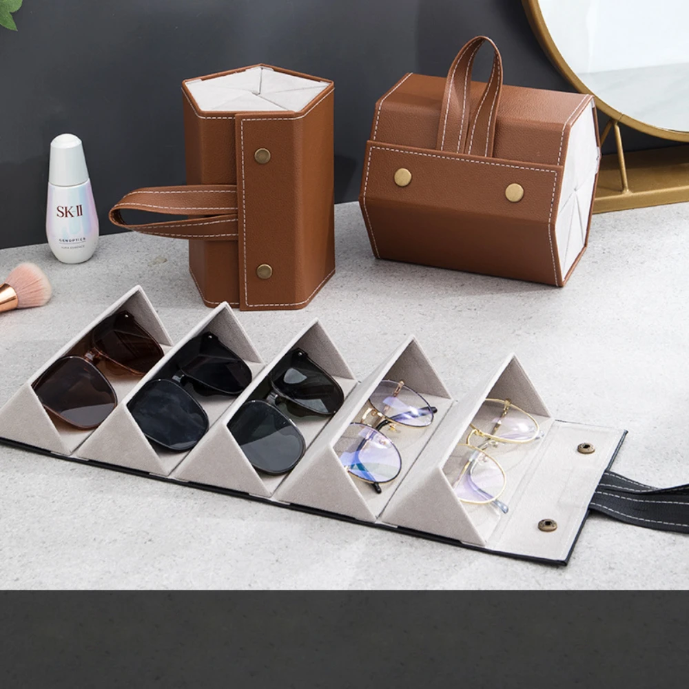 

2-6 Slot Sunglasses Organizer Travel Case Foldable Eyeglasses Holder Box Eyewear Storage PU Leather Case Multi-grid Glasses