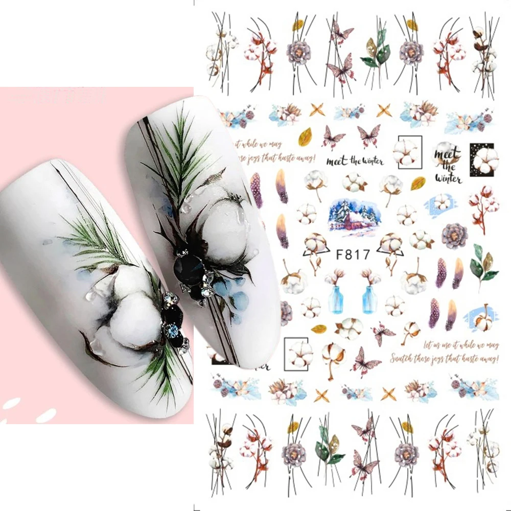 

3D Cotton Nail Sticker Cat Penguin Winter Decor Snow Birds Sliders For Nails Cottage Snowy Tree Decal Christmas Ornaments GLF817