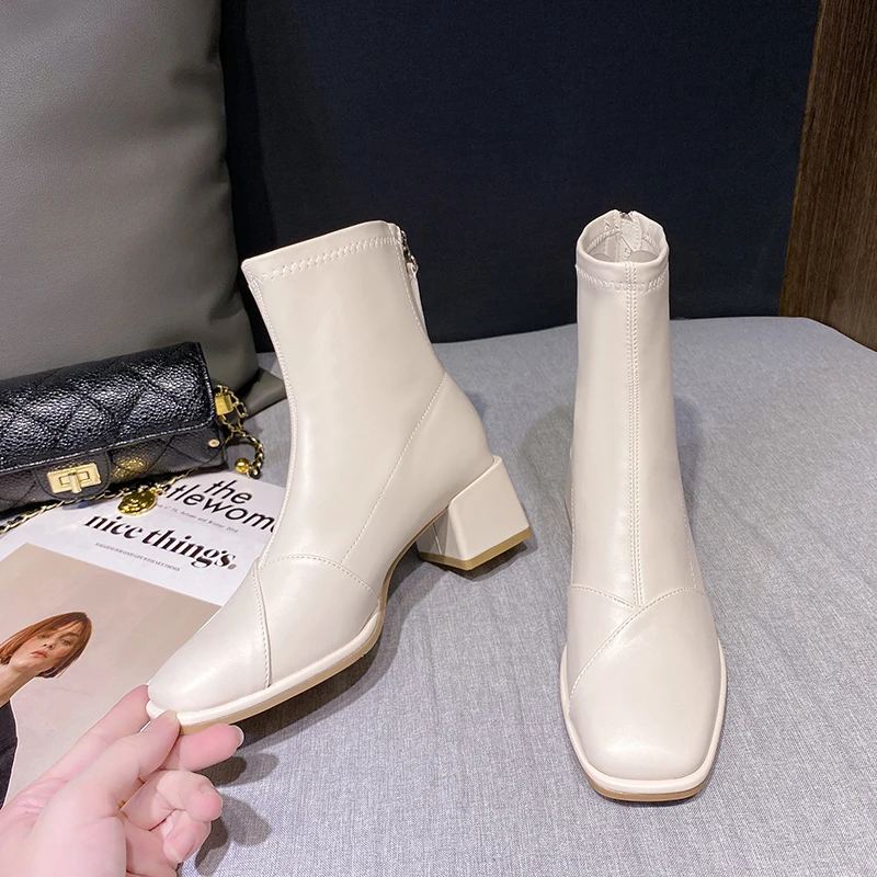 

Женские короткие ботинки на толстом каблуке, однотонные удобные ботинки на молнии сзади, с квадратным носком, для весны и осени, 2022