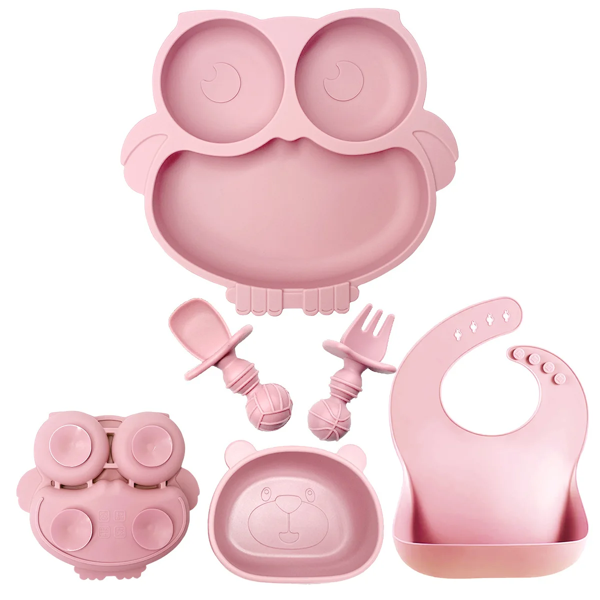 Owl Style 5 PCS Baby Soft Silicone Feeding Set Sucker Bowl Silicone Dishes Plate For Baby Cup Bibs Spoon Fork Tableware enlarge