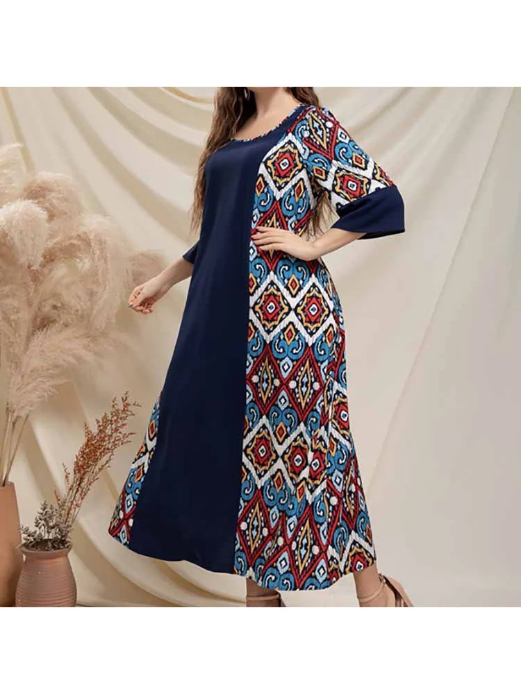 Plus-size new high-waist elasticated waist print dress women's color-block thin