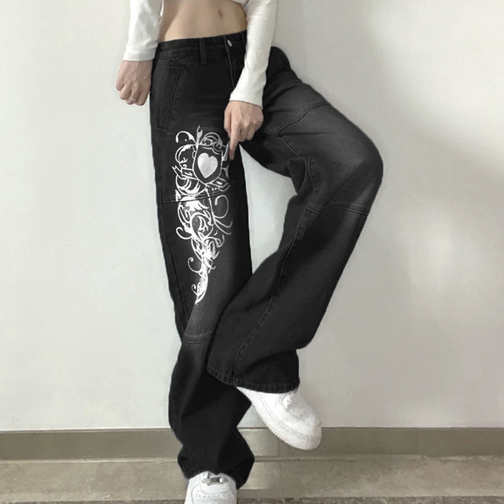 

New Y2K Low Rise Jeans With Graphic Printing, Wide Legs, Straight Legs, Street Wear High Street Printed Slim Fitting Jeans