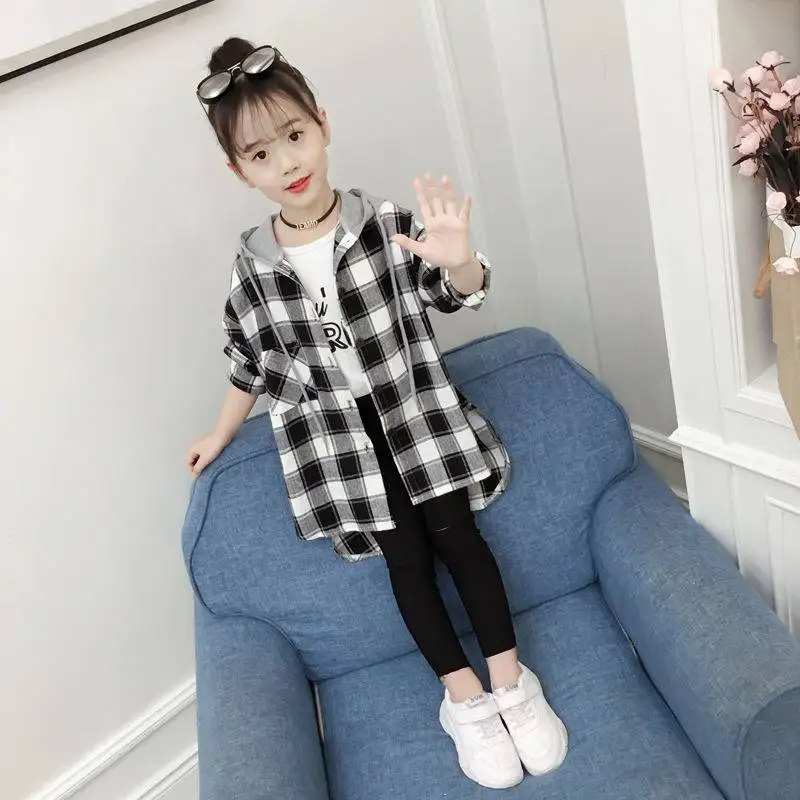 

Girls Blouses Spring Autumn Kids Long Loose Cardigan Tops Teen Clothes Casual Plaid Patchwork Hooded Children Shirts 6 10 12 Yrs