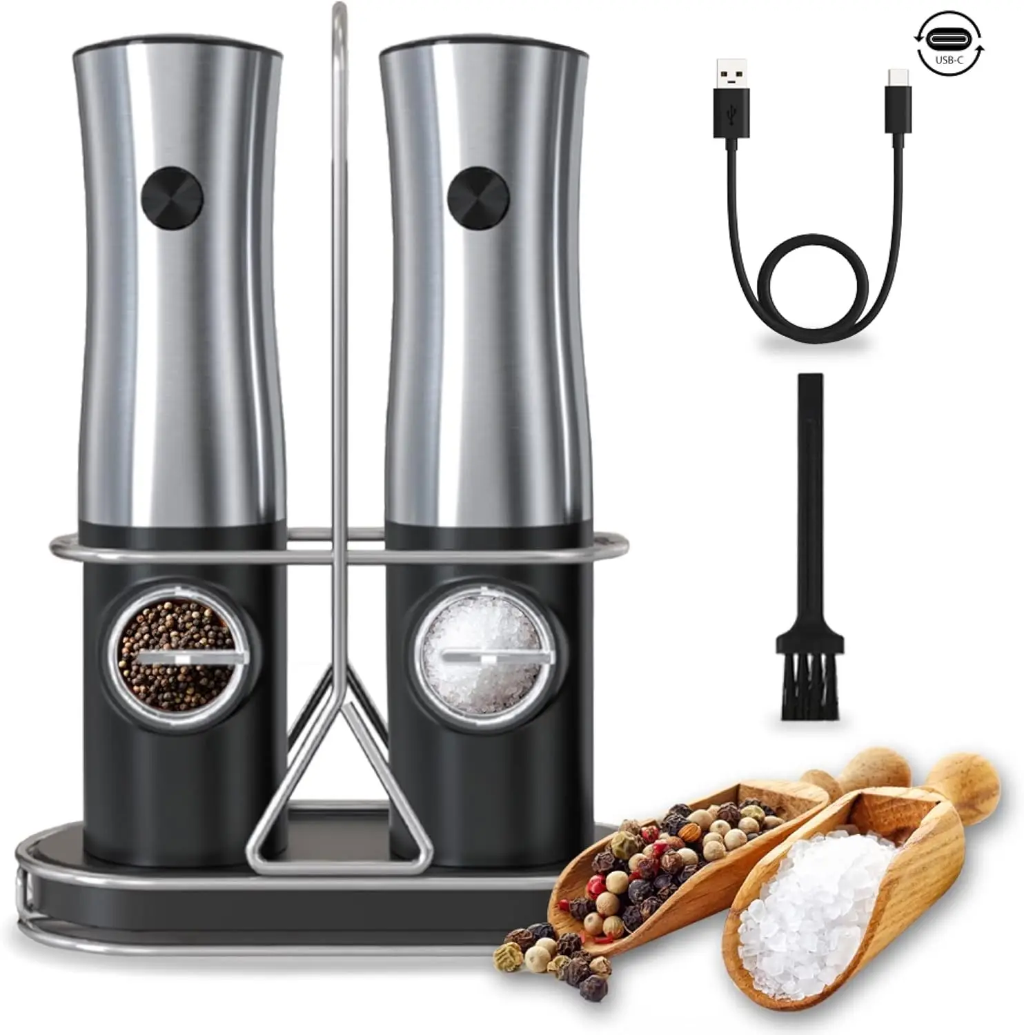 

and Pepper Grinder Set Rechageable with Stand - Best Kitchen Gadgets, Spice Mill Grinders, Automatic Recharging Base, One-Hand O