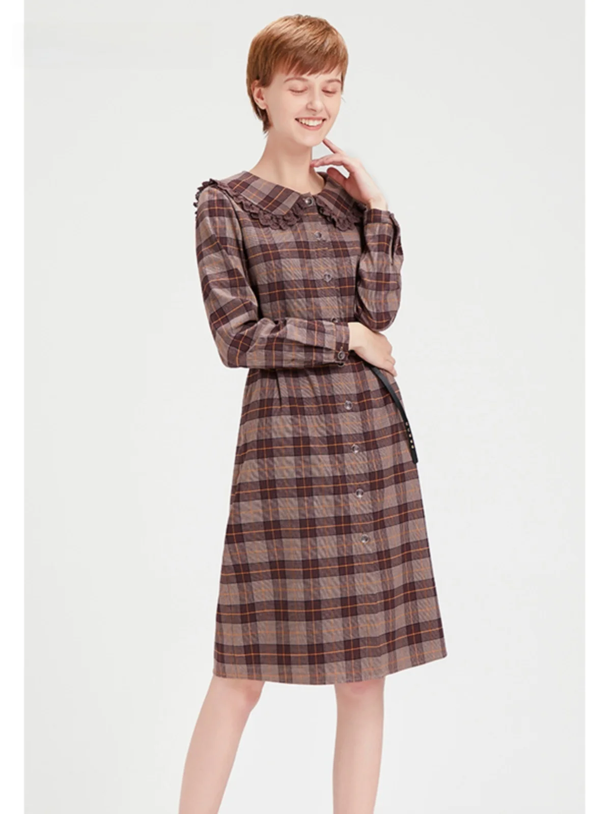 Brand Withdraw from Cupboard Fabi Plaid Mori look Korean Stretch Fashion Dress Purple Women clothes All-Matching 640392