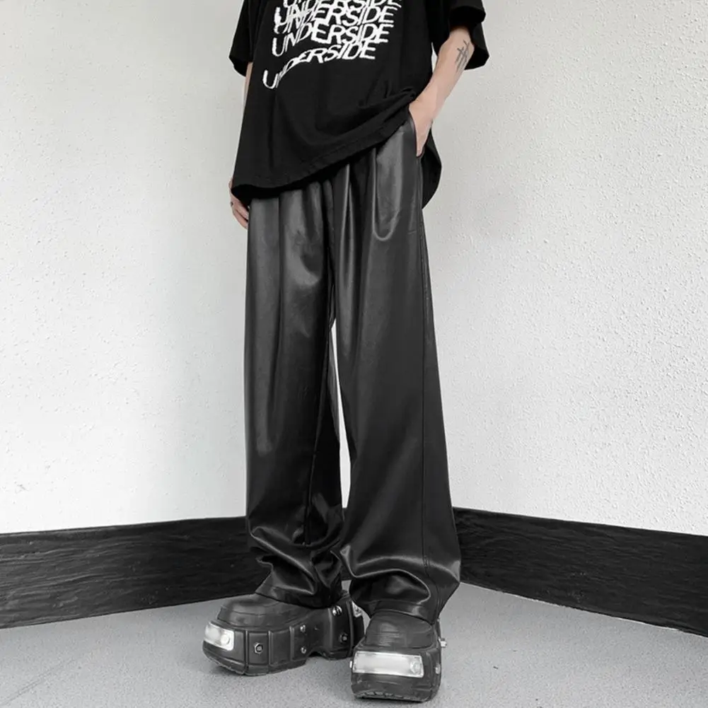 Брюки мужские из искусственной кожи стильные штаны с кулиской эластичным поясом