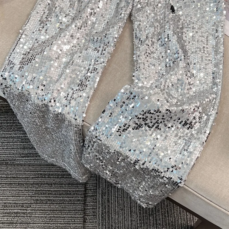 Брюки женские с блестками и широкими штанинами модные повседневные блестящие